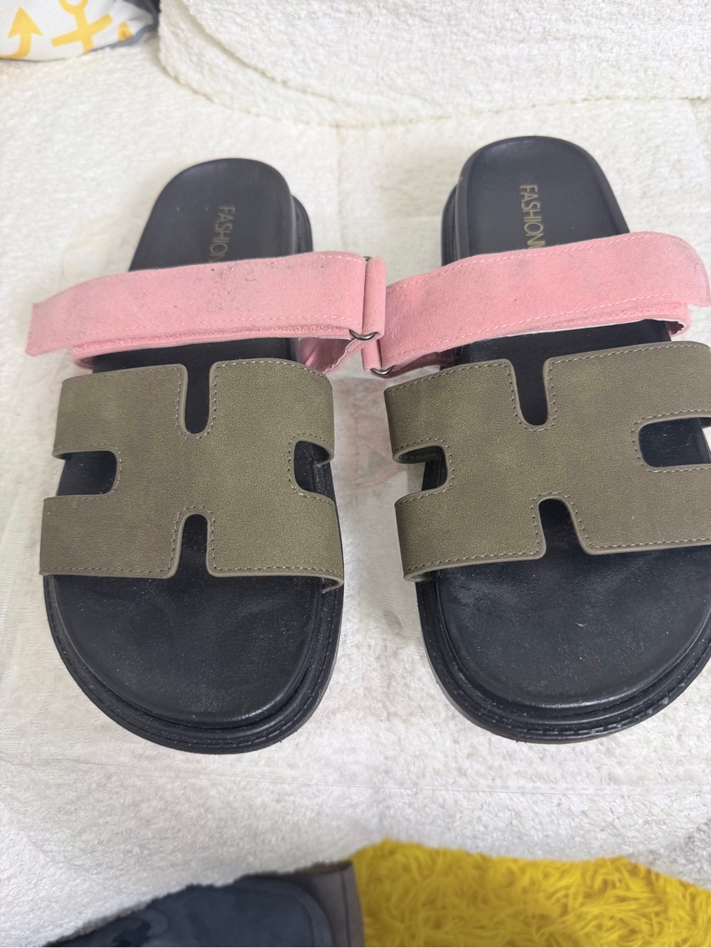 Fashion Nova Pink and Olive Slide Sandals - Two-Tone Casual Slides